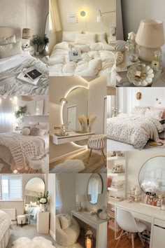 a collage of photos with white furniture and decor in it, including a bed