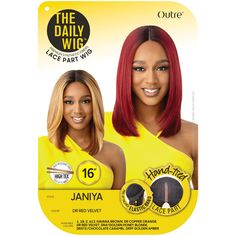 Outre Synthetic Hair Lace Part Wig - JANIYA COLOR SHOWN: DR RED VELVET, DRFF GOLDEN AMBERMATERIAL: Synthetic HairTYPE: Lace Part WigLENGTH: 16"HEAT SAFE: YesDESCRIPTION: Outre Janiya Lace Part Wig Hand-Tied Pre-Attached Elastic Band Premium Synthetic Fibers Save up to 400 The Daily Synthetic Wig Wear me on the daily.Live life, do you and achieve effortless beauty every day. The Daily Wig fully hand-tied deep lace part and range of styles make this collection ready-to-wear, while still giving you the option to customize your look however you desire.Experience how easy being beautiful every day can be. From simple to sexy, playful to polished, and everything in between, The Daily Wig is your go-to for wherever your mood takes you. Premium Synthetic Fibers Pre-Plucked & Hand-tied Lace I-Part Clip In Weave, Wig Collection, Remy Hair Wigs, Remy Hair Weave, Hair Lotion, Golden Amber, Brazilian Remy Hair, Effortless Beauty, Hair Mousse