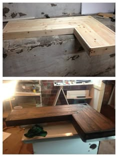 two pictures of the same piece of furniture being made with plywood and other materials