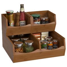 two wooden spice racks holding spices and condiments