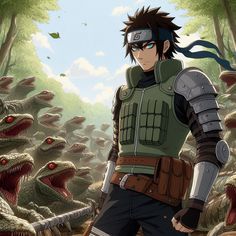 an anime character standing in the middle of a forest with dinosaurs and trees behind him