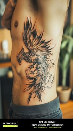 a man with a tattoo on his stomach has a bird design on the side of his chest