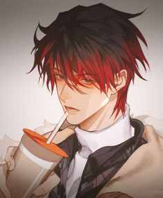 an anime character with red hair drinking from a cup and holding a straw in his mouth