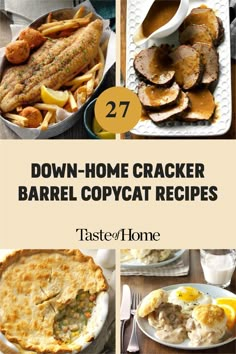 several different types of baked food with the words down - home cracker barrel copycat recipes