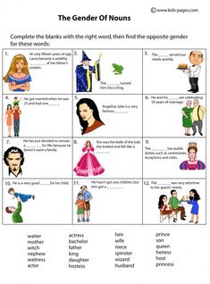 Kids Pages - Nouns Gender Gender Of Animals, Gender Chart, Teaching Nouns, Kindergarten Vocabulary, Nouns Activities, Feminine Names, English Grammar For Kids, Nouns Worksheet, Grammar For Kids