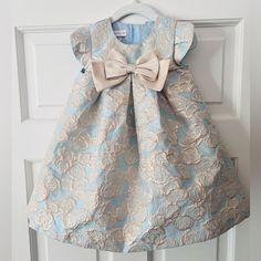 Baby Blue And Gold Dress With Bow Detail. It Is Beautiful New Without Tags. Size 24 Months Formal Baby Dress, Vintage White Lace Dress, Blue And Gold Dress, Macy Dresses, Girl Red Dress