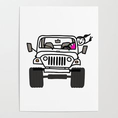 a white card with a cartoon jeep driving down the road and someone reaching out their hand