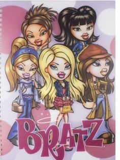 a spiral notebook with the words bratz on it and three girls in front of them