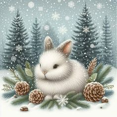 a white rabbit sitting in the snow surrounded by pine cones and fir trees with snowflakes