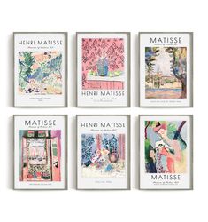 six books with different illustrations on them in white frames, each containing an image of a woman