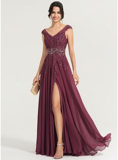 A-Line V-neck Floor-Length Chiffon Evening Dress With Beading Sequins (017167689) - JJ's House Tulle Evening Dress, Cheap Evening Dresses, Satin Evening Dresses, Dresses Formal Elegant, Chiffon Evening Dresses, Lace Evening Dresses, Groom Dress, Floor Length Dresses, Chiffon Lace