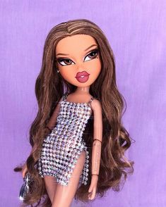 a close up of a doll with long brown hair and wearing a silver dress on a purple background