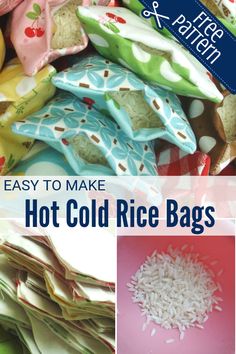 the collage shows how to make hot cold rice bags with different patterns and colors