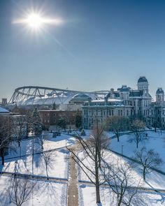 the sun shines brightly over campus in winter