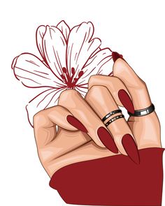 a woman's hand with red nails holding a flower in her left hand, and a ring on the middle finger