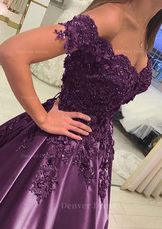 Satin Court Train A Line Princess Sleeveless Off The Shoulder Prom Dress Outfits For Women With Appliqued Colored Prom Dresses, Dresses For Sweet 16, Court Wedding Dress, Mauve Dresses, Sweet 15 Birthday, Purple Ball Gown, Purple Prom Dresses, Ball Gown Prom Dresses, Purple Wedding Dress