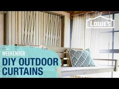 a wooden bench sitting next to a window with curtains on the windowsill and text overlay that reads weekend diy outdoor curtains