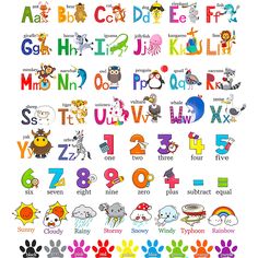 an alphabet with different animals and numbers on it's front side, including the letters