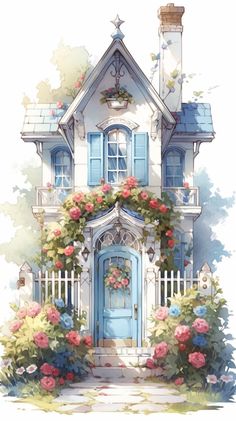 a painting of a house with flowers on the front door and windows in the side