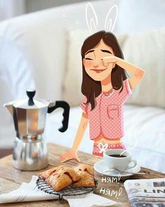 a woman is sitting at a table with coffee and pastries in front of her