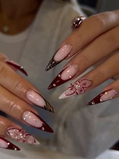 Cute Japanese Nails, Chinese New Year Nails, Copper Nails Designs, Long Nails Almond, Lace Nail Design, Shiny Nails Designs, Long Almond Nails, 3d Flower Nails, Custom Press On Nails