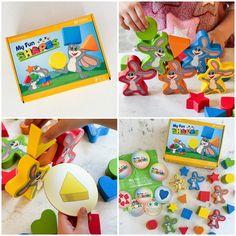 four different pictures of children's toys including magnets, and an activity book