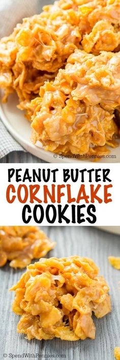 peanut butter cornflake cookies on a white plate with the words, peanut butter cornflake cookies