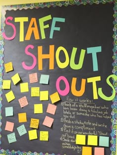 a bulletin board with post - it notes on it and the words staff shut out