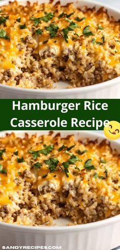 hamburger rice casserole recipe with cheese and parsley on top in a white dish