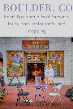 two people walking in front of a store with the words boulder go travel tips from a local brewery tours, bars, restaurants, and shopping