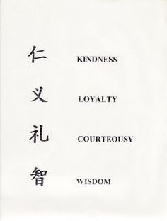 a piece of paper with chinese writing on it that says kindness, lovableity, courteousy, and wisdom