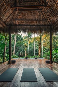 yoga mats are lined up on the floor in front of an open area with palm trees