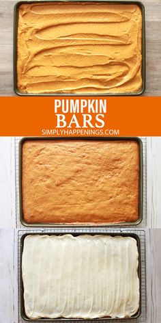 pumpkin bars with white frosting in pans on top and the words pumpkin bars above them