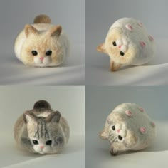 four different images of stuffed animals in various stages of being made into one cat and the other laying down