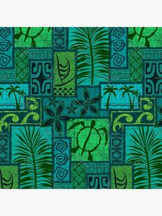 a green and blue patchwork pattern with palm trees, leaves and swirls on it