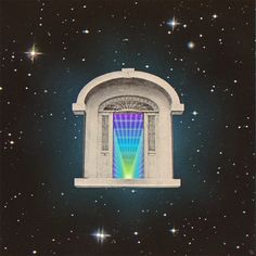 an image of a window in the sky with stars around it and a rainbow light coming out