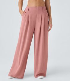 Women’s High Waisted Plicated Side Pocket Wide Leg Flowy Solid Palazzo Casual Linen-Feel Pants - Halara Cheap Full-length Wide Leg Pants With Pockets, Versatile Wide-leg Pants With Loosely Fitted Hips, Chic Flowy Wide-leg Bottoms, Solid Viscose Wide-leg Pants, Versatile Flowy Wide-leg Bottoms, High Waisted Palazzo Pants, Cotton Casual Pants, High Waisted Wide Leg Pants, Wide Leg Palazzo Pants