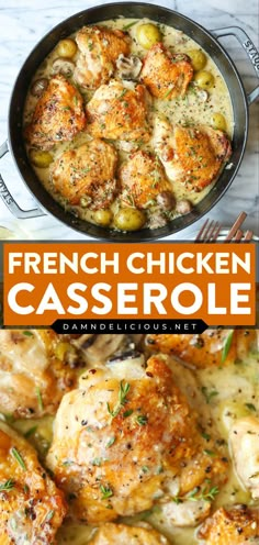 Your new go-to comfort food! It's a French Chicken Casserole. Baked in an herb-wine sauce with chicken thighs, potatoes, and mushrooms, this homemade dinner recipe is perfection. So cozy and wholesome! French Chicken Casserole, French Chicken, Brown Chicken, Chicken Casserole Recipe, Makanan Diet, French Cooking, Healthy Easy, Dinner Idea