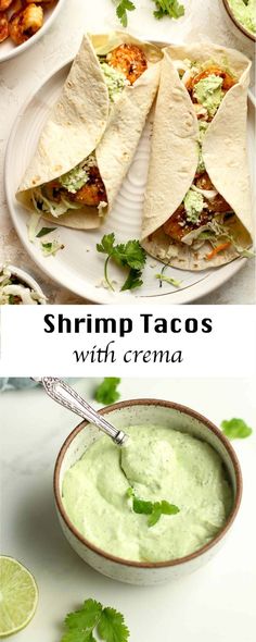 shrimp tacos with creamy guacamole and cilantro sauce on the side