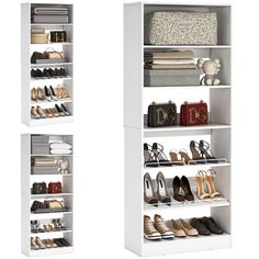 two white shelving units with shoes and purses on each shelf in front of one another