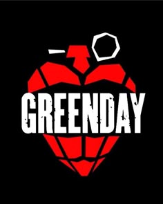 the word green day written in white on a black background with a red heart and an arrow