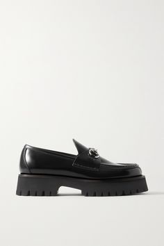 Gucci's 'Sylke' loafers rest on chunky rubber soles that add a bold element to the otherwise classic design. Made from glossy black leather, they're embellished with the iconic horsebit detail in polished silver-tone metal. Wear yours with socks for a particularly smart look. Shop Gucci, Gucci Loafers, Eyewear Shop, Fine Watches, Gucci Shoes, Clothes Collection, Beauty Accessories, Leather Loafers, Shoe Shop