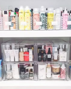 the shelves are filled with many different types of beauty products and containers on them for storage