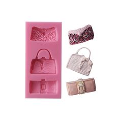 three pieces of pink plastic with purses and handbags