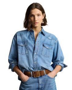 Ralph Lauren Oversize Fit Denim Western Shirt Denim On Denim Outfits, Denim Outfits For Women, Denim Western Shirt, Western Denim Shirt, Denim Outfits, Denim On Denim, Women Ralph Lauren, Western Shirt, Western Shirts