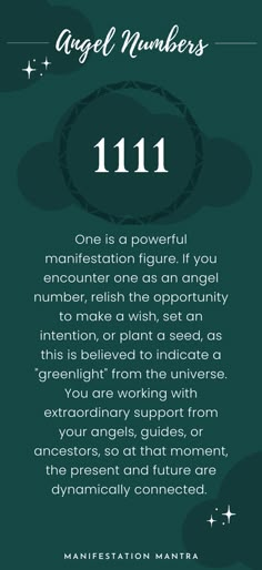 an info sheet with the words angel numbers 11 11 written in white on green background