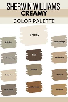 sherylin williams creamy color palette with the names and colors below it,