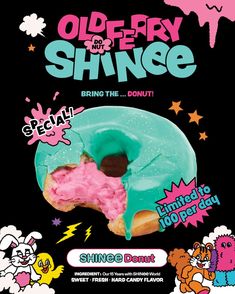 an advertisement for a donut with pink frosting and sprinkles