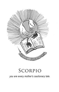 a black and white drawing of a book with the words scorpio on it