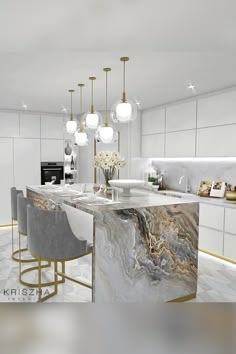 an image of a kitchen setting with marble counter tops and chairs in the center area